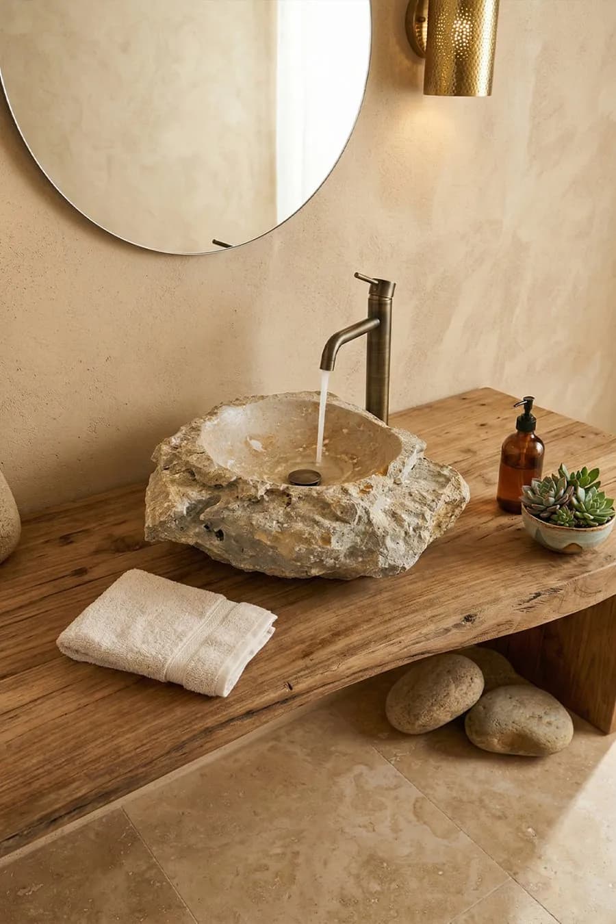 حوض مغسلة صخرة حجر طبيعي (Rock Sink) – 63×65 سم
