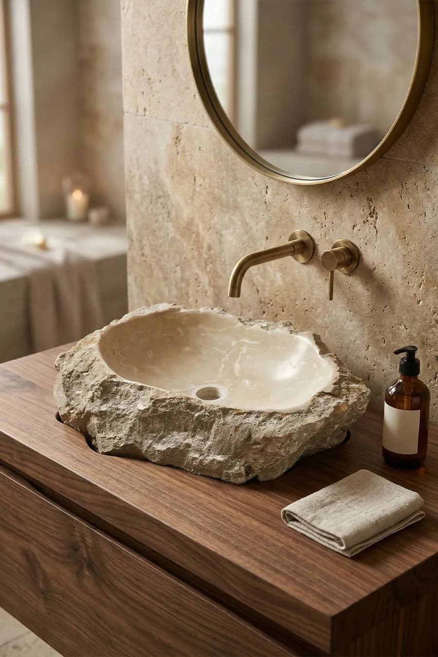 حوض مغسلة صخرة حجر طبيعي (Rock Sink) – 64×54 سم