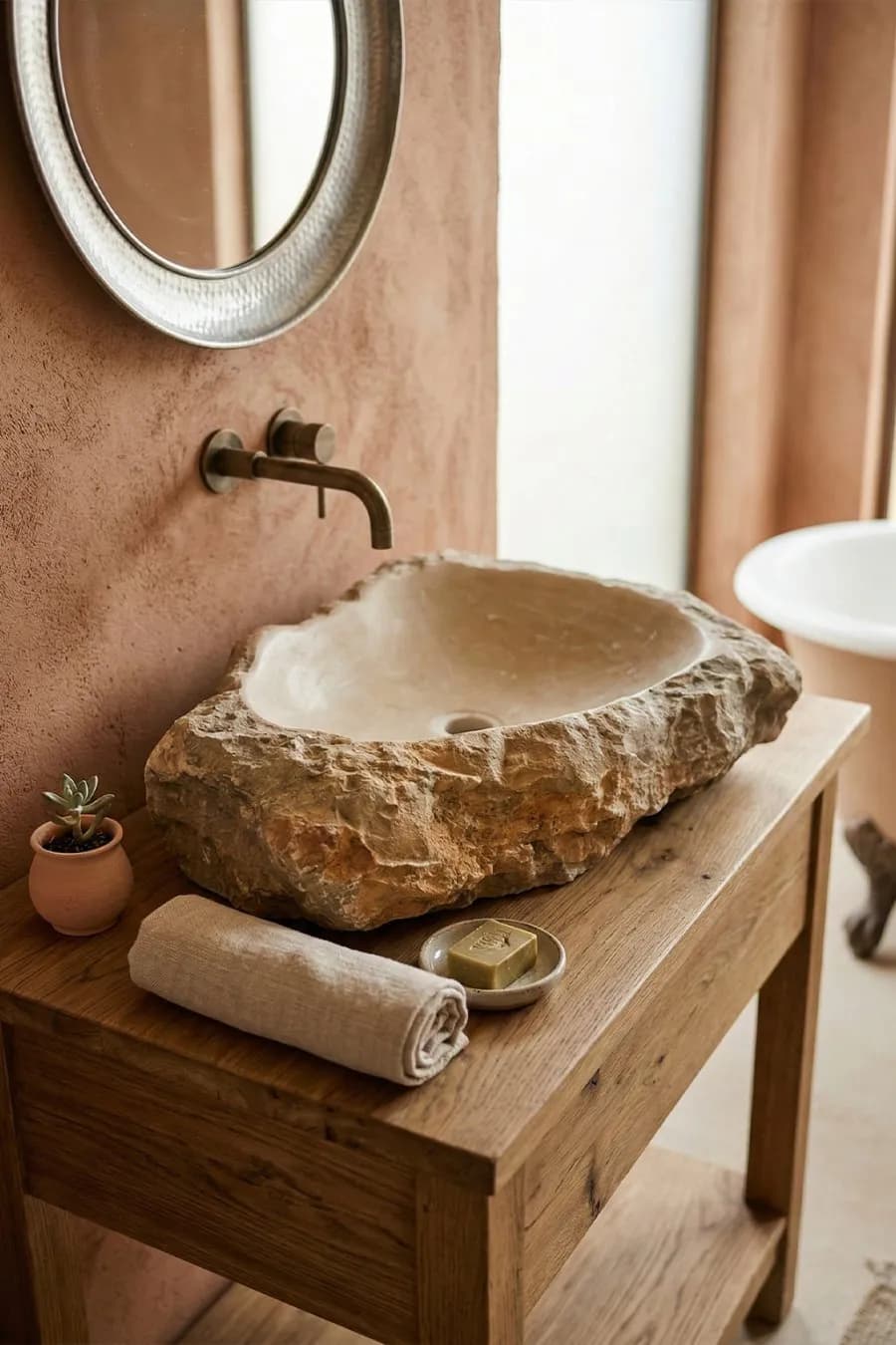 حوض مغسلة صخرة حجر طبيعي (Rock Sink) – 70×50 سم