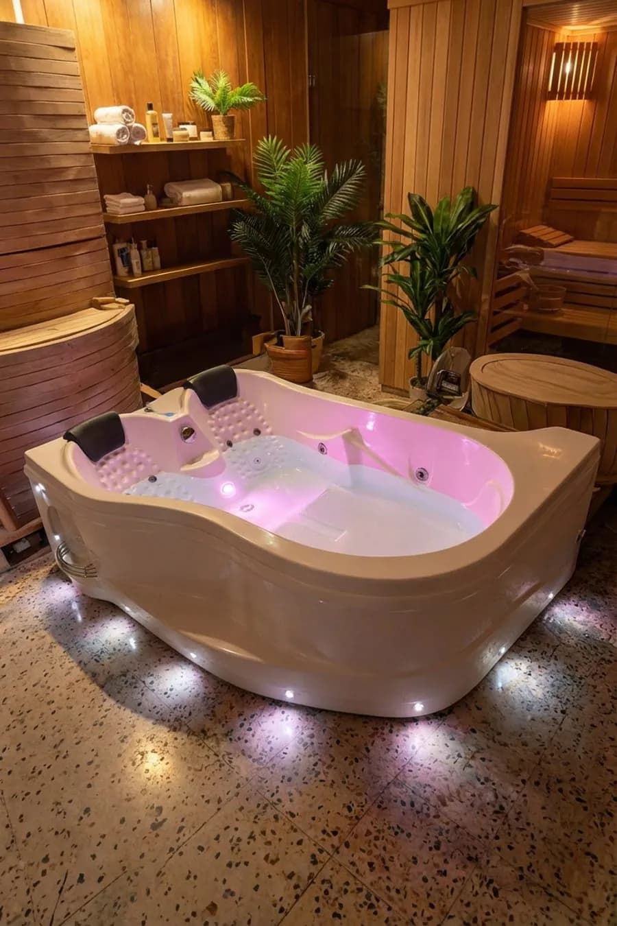 جاكوزي سبا داخلي لشخصين مع إضاءة داخلية وخارجية
