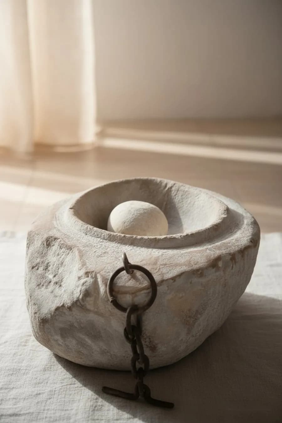 مدقّة حجرية تراثية بسلسلة حديدية