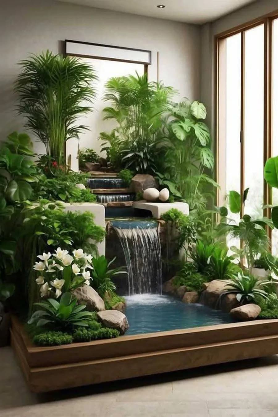 شلال داخلي بتصميم حديقة مصغّرة (جدار نباتي + شلال متدرّج)